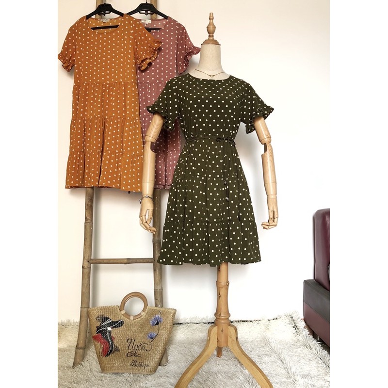Đầm babydoll chấm bi 3 màu siêu xinh, mẹ bầu có thể mặc luôn nha