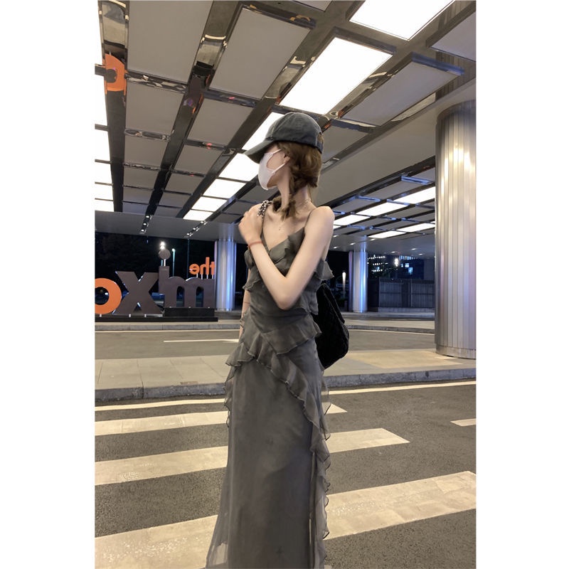 Jiashucheng Đầm Hai Dây Dáng Dài Tới Mắt Cá Chân Mỏng Ôm Eo Phong Cách Retro Màu Trơn Phong Cách Desire Cho Nữ