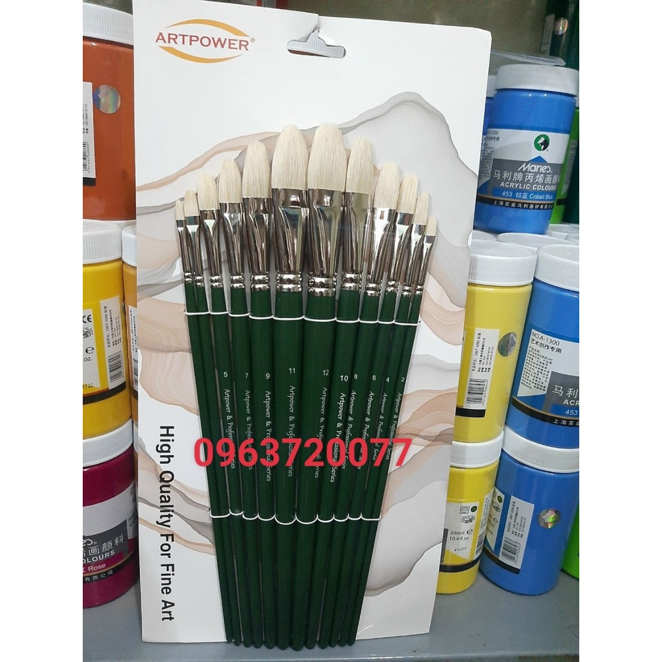 Cọ vẽ cán xanh, Cọ vẽ acrylic, màu nước, sơn dầu (Bộ gồm 12 cây trong đó 11 cây đầu ovanl, 1 cây cọ tỉa )