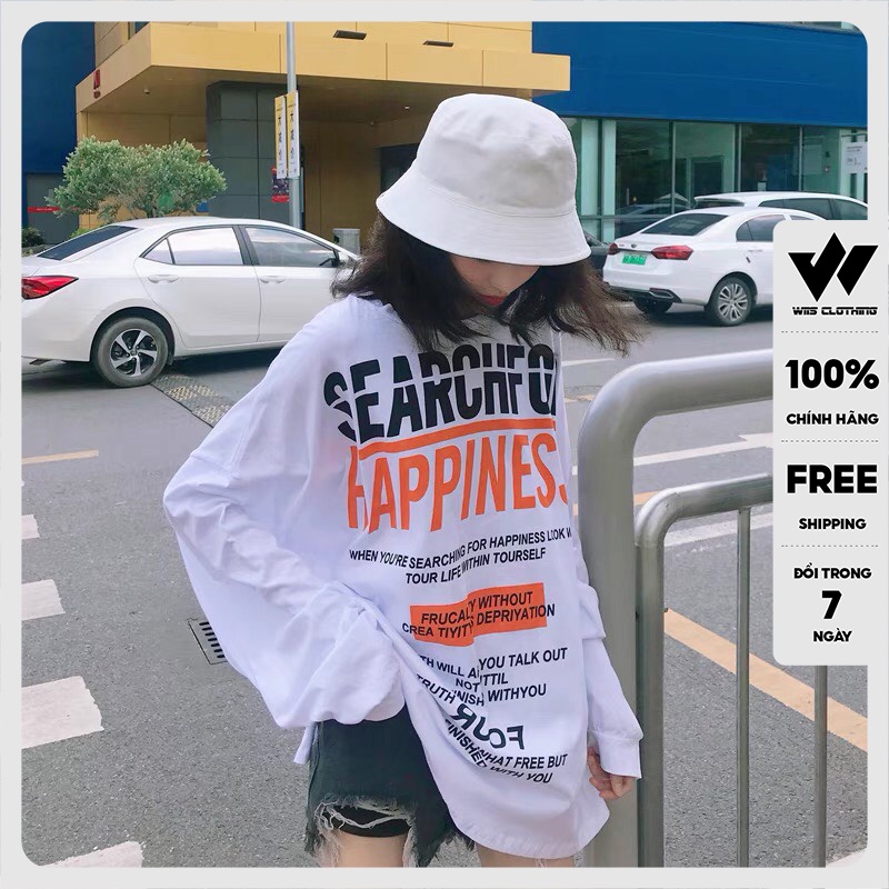 Áo thun tay dài WIIS phông unisex form rộng HAPPINES sweater nam nữ oversize ulzzang