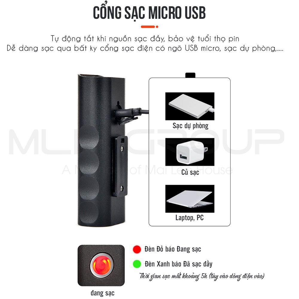 Đèn Pha Trước Xe Đạp Siêu Sáng Sạc Điện Usb Với Ánh Sáng Mạnh Chống Nước Nhỏ Gọn Nhiều Chế Độ Sáng Tiện Dụng MLH