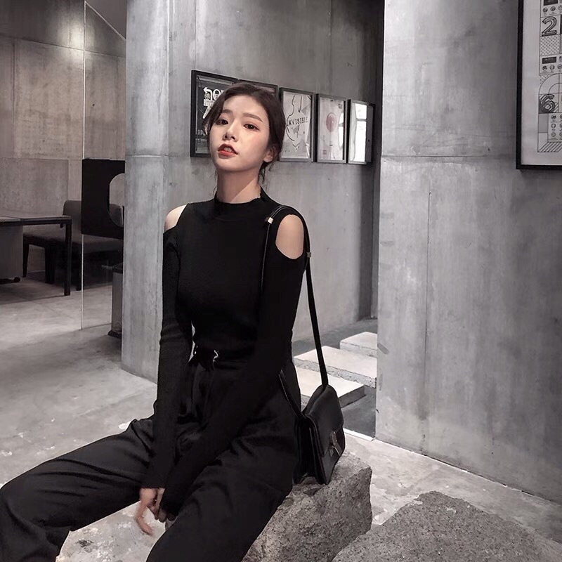 Áo thun cổ lộn croptop tay dài phối hở hai bên vai cá tính cho nữ cool ngầu