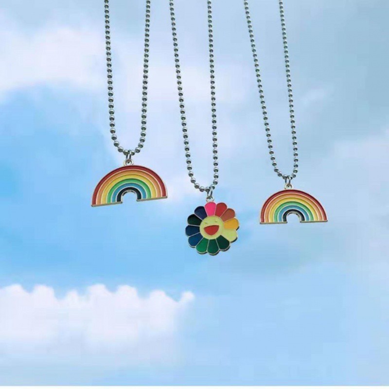 Dây chuyền bạc nam nữ hình Hoa Mặt Trời Kaikai Kiki, Cầu Vồng Rainbow - Vòng cổ phụ kiện thời trang unisex đeo đôi