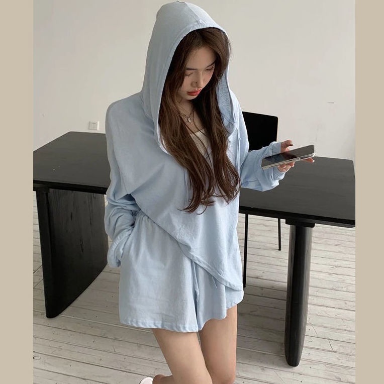 Set Áo Hoodie Tay Dài Dáng Rộng + Quần ngắn ống rộng Cho Nữ