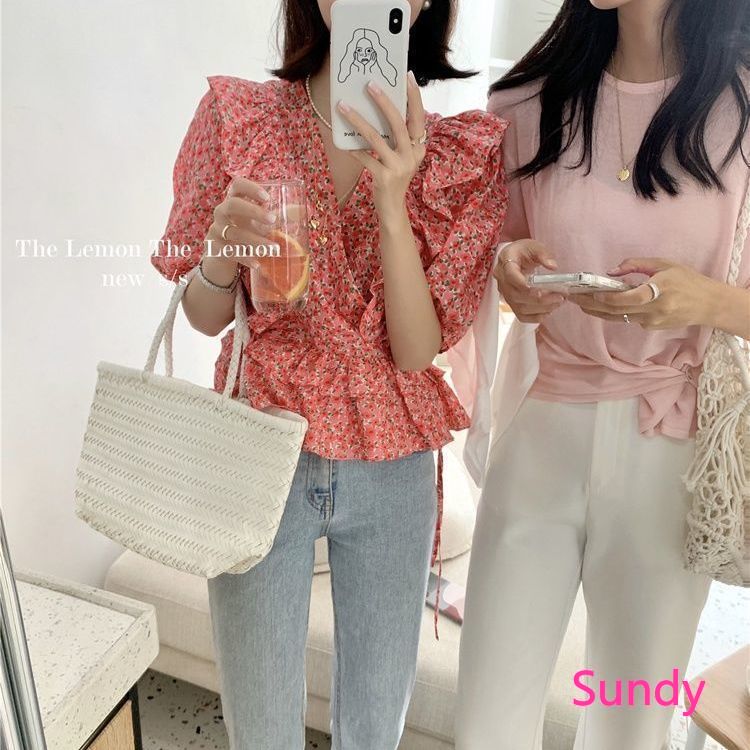 Áo Croptop Tay Phồng In Họa Tiết Hoa Phong Cách Retro Nữ Tính