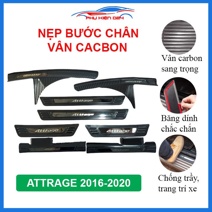 Bộ nẹp bước chân trong ngoài vân Cacbon xe Attrage 2016-2017-2018-2019-2020-2021 chống trầy làm đẹp ô tô