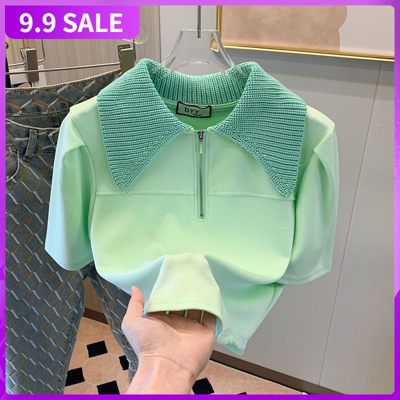 Minority design sense short sleeve T-shirt women's new port style splicing knitted Lapel irregular short sweet top summer
