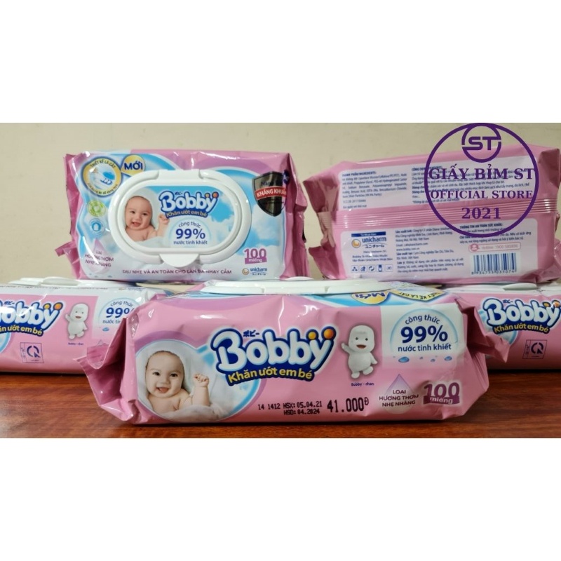 Khăn ướt, giấy ướt Bobby nắp nhựa 100 tờ/gói cao cấp, có hương/không mùi