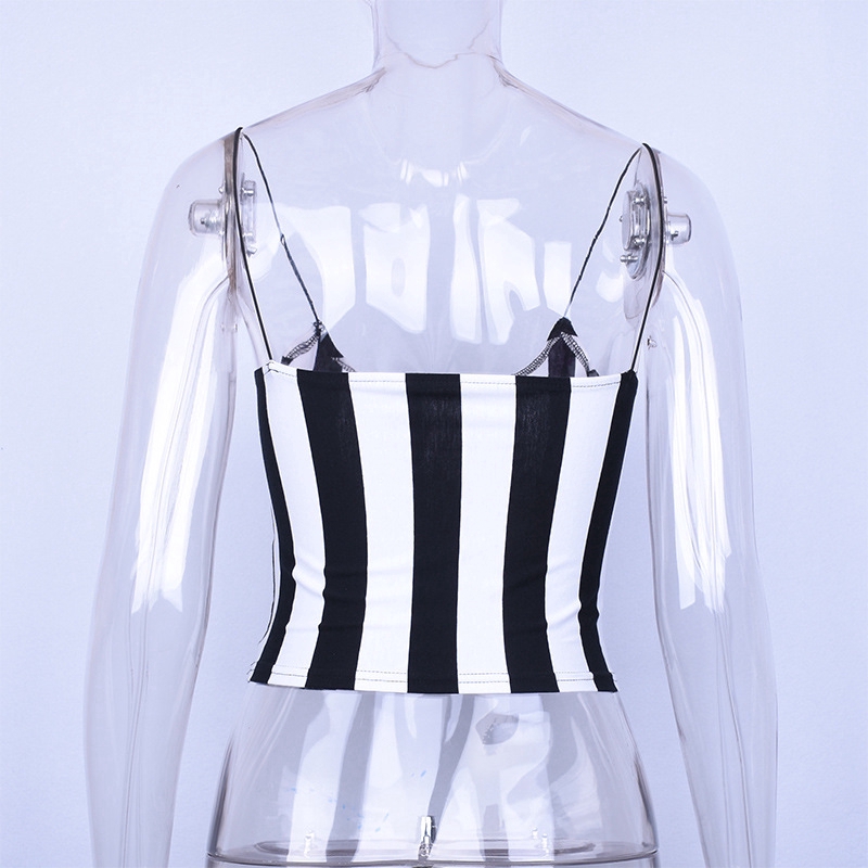 Fashion Letter Embroidery Striped Crop Top Camisole Women Strap Slim Tops