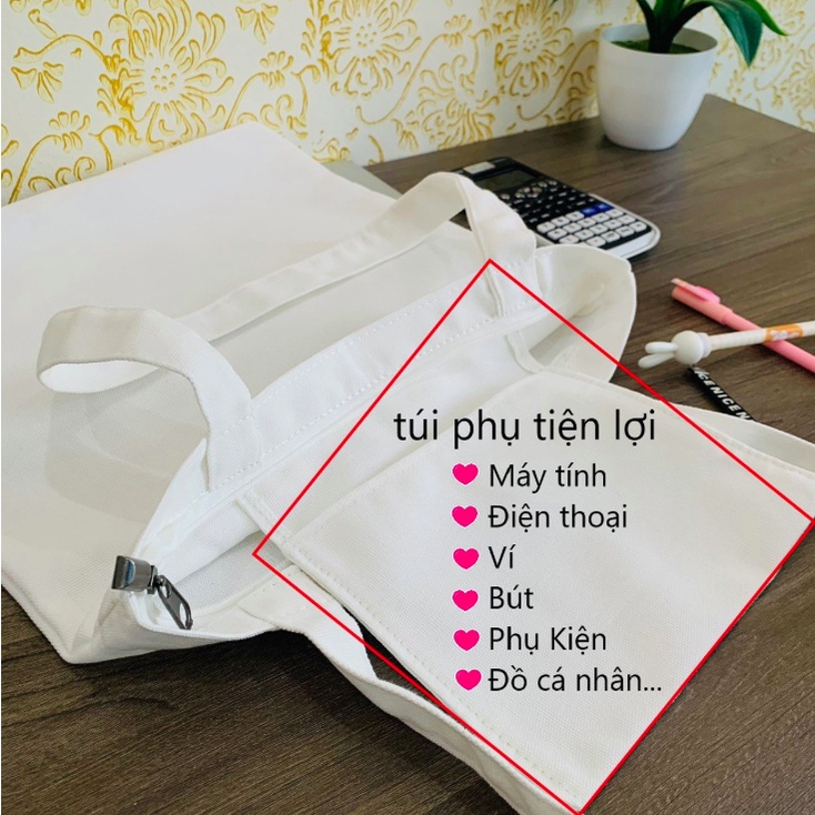 TÚI TOTE VẢI CANVAS IN CHỮ THẦN TƯỢNG CÓ KHOÁ KÉO MIÊNG VÀ TÚI PHỤ