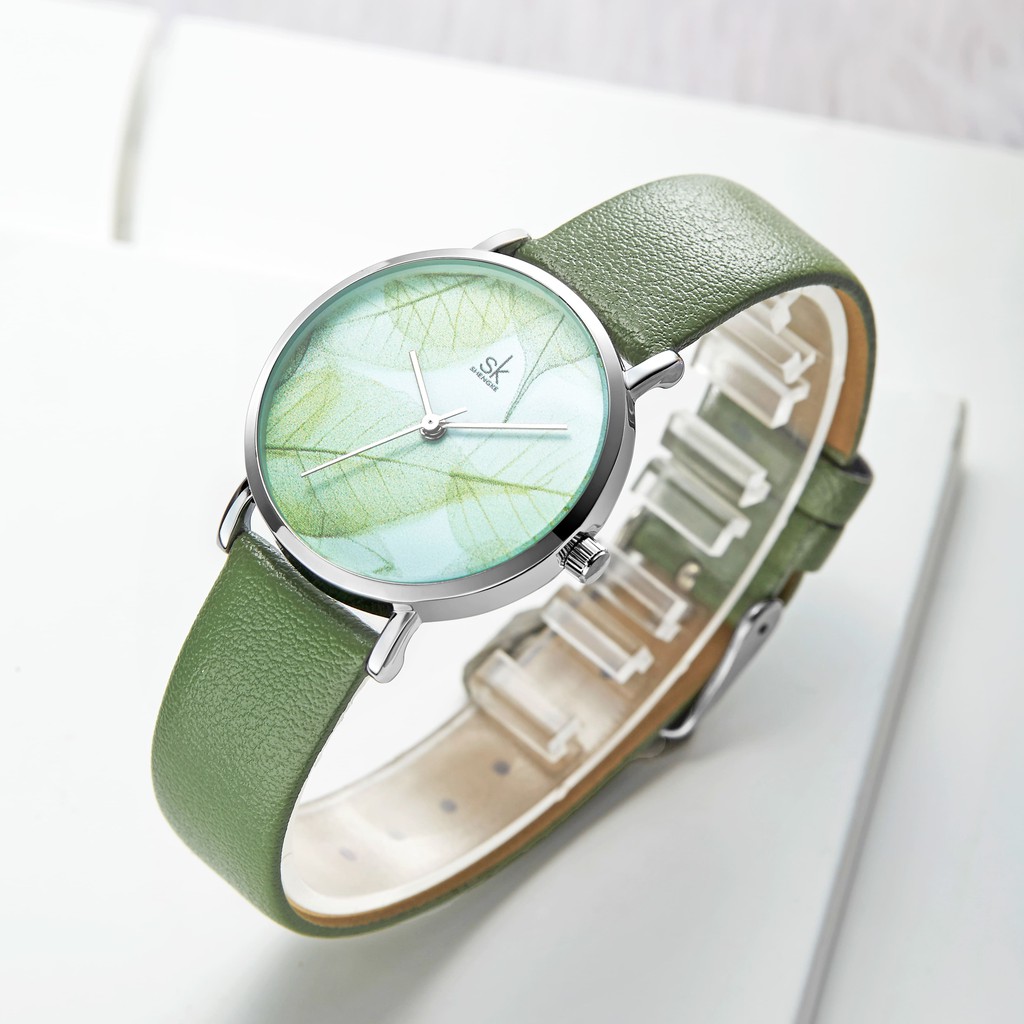 Đồng hồ đeo tay nữ SHENGKE dây da xanh thảo nguyên