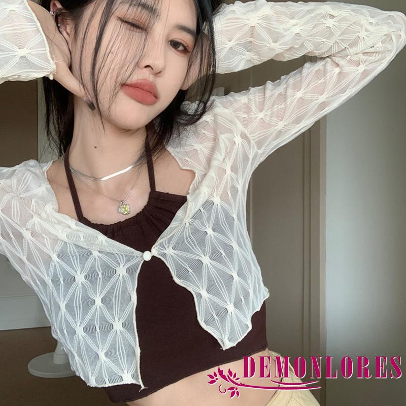 Áo Croptop Tay Dài Chống Nắng Màu Trơn Cài Nút Thời Trang Mùa Xuân Cho Nữ