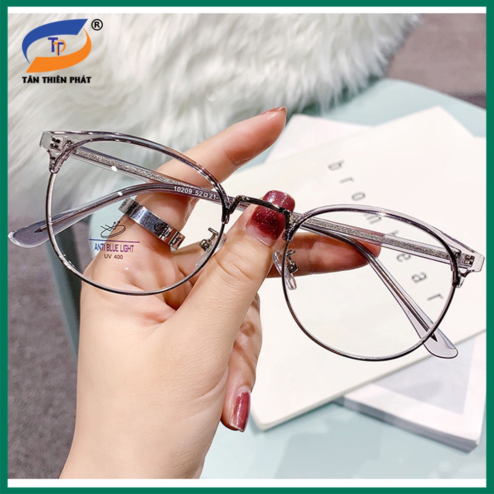 Gọng kính cận nữ/nam mắt tròn kim loại - nhựa 10209 màu nâu, xám, đen. Tròng kính giả cận 0 độ chống ánh sáng xanh, UV