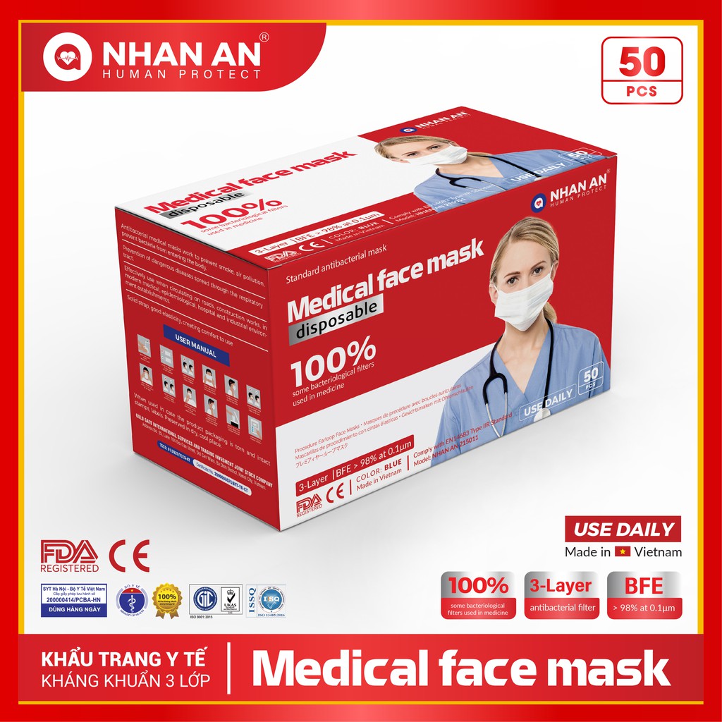 MEDICAL FACE MASK NHÂN AN - Khẩu Trang Y Tế Kháng Khuẩn 3 Lớp - Hàng Xuất Khẩu (Hộp 50 Chiếc)