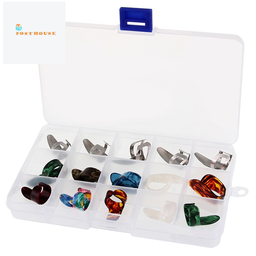 Set 15 Móng Gảy Đàn Ghi Ta 5 Ngón + 10 Đầu Bọc Ngón Tay Bằng Kim Loại