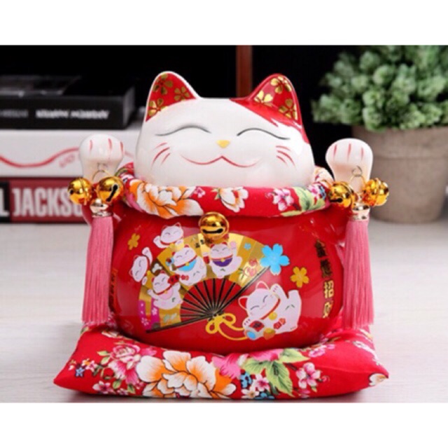 Mèo thần tài, mèo may mắn maneki neko phúc lộc viên mãn 20cm (kèm đệm)