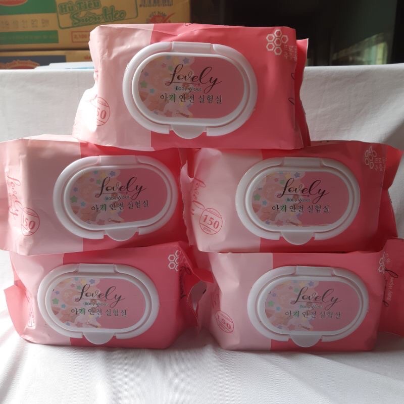 Set 5 gói khăn ướt lovely cao cấp 150 tờ/gói sản xuất theo công nghệ Hàn Quốc, ko mùi an toàn cho da bé