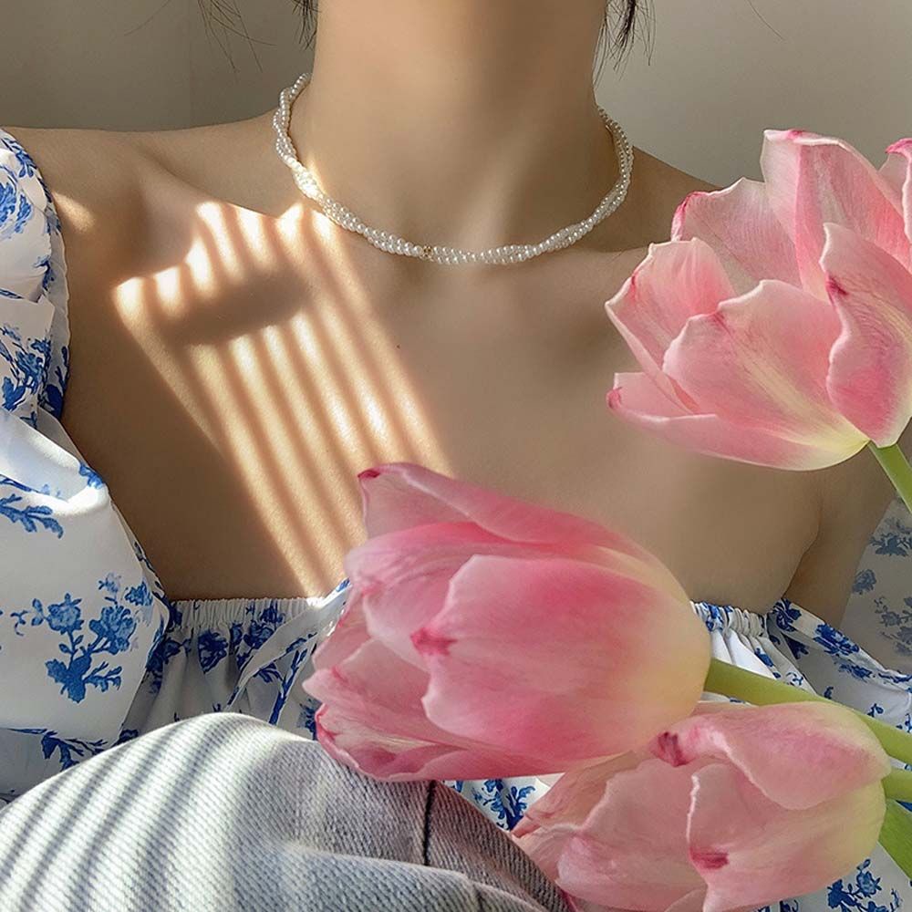 Dây chuyền choker dạng xoắn đính ngọc trai giả phong cách Hàn Quốc cổ điển thời trang dành cho nữ
