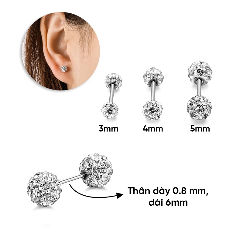 Khuyên Tai Bông Tai Nữ Xỏ Cơ Bản 2 Đầu Bi Đính Đá Nhân Tạo Thép Titan Không Gỉ