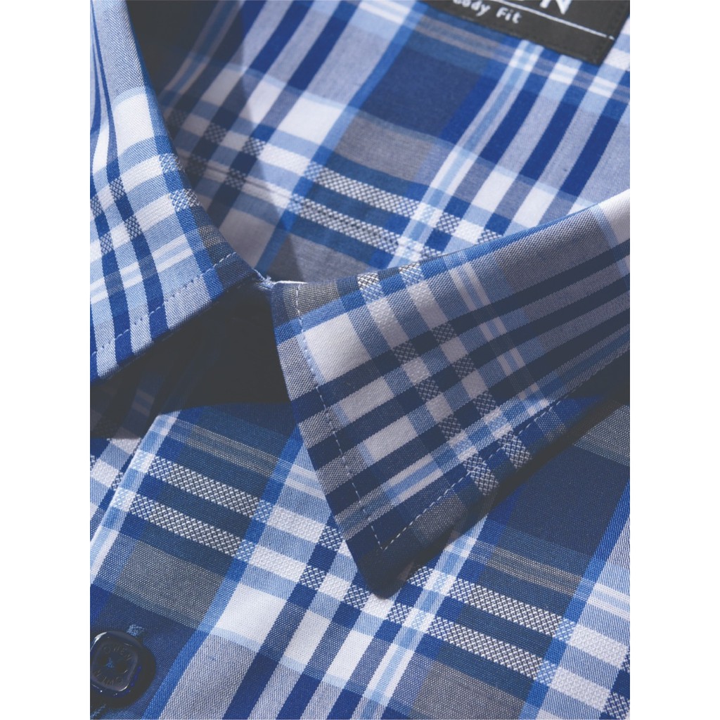 Áo Sơ Mi Nam Ngắn Tay Owen BA22554NT Sơ Mi Cộc Tay Công Sở Cao Cấp Màu Xanh Navy Kẻ Caro Vải Sợi Tre Body Fit Tà Bằng
