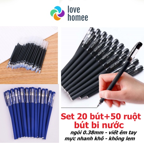 Bút bi nước Ngòi bút 0.3mm bút mực ra đều, đậm, vỏ bút nhung êm tay, đầu viết văn phòng có nắp bảo vệ COMBO 20 BÚT+ 50R