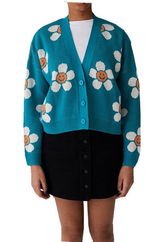 Áo khoác cardigan len dáng ngắn in hình hoa hướng dương mặt cười dễ thương cho nữ | BigBuy360 - bigbuy360.vn