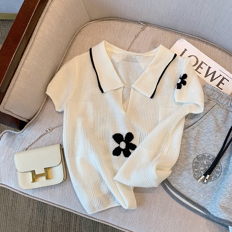 Áo dệt kim Pure Cube tay ngắn cổ chữ V màu trắng thời trang mùa hè mới