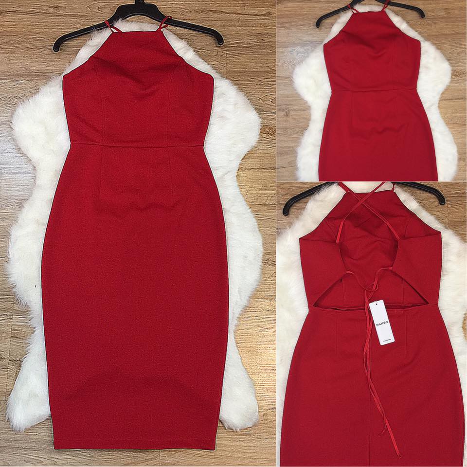 Đầm body cổ yếm đan dây lưng (đỏ, đen)