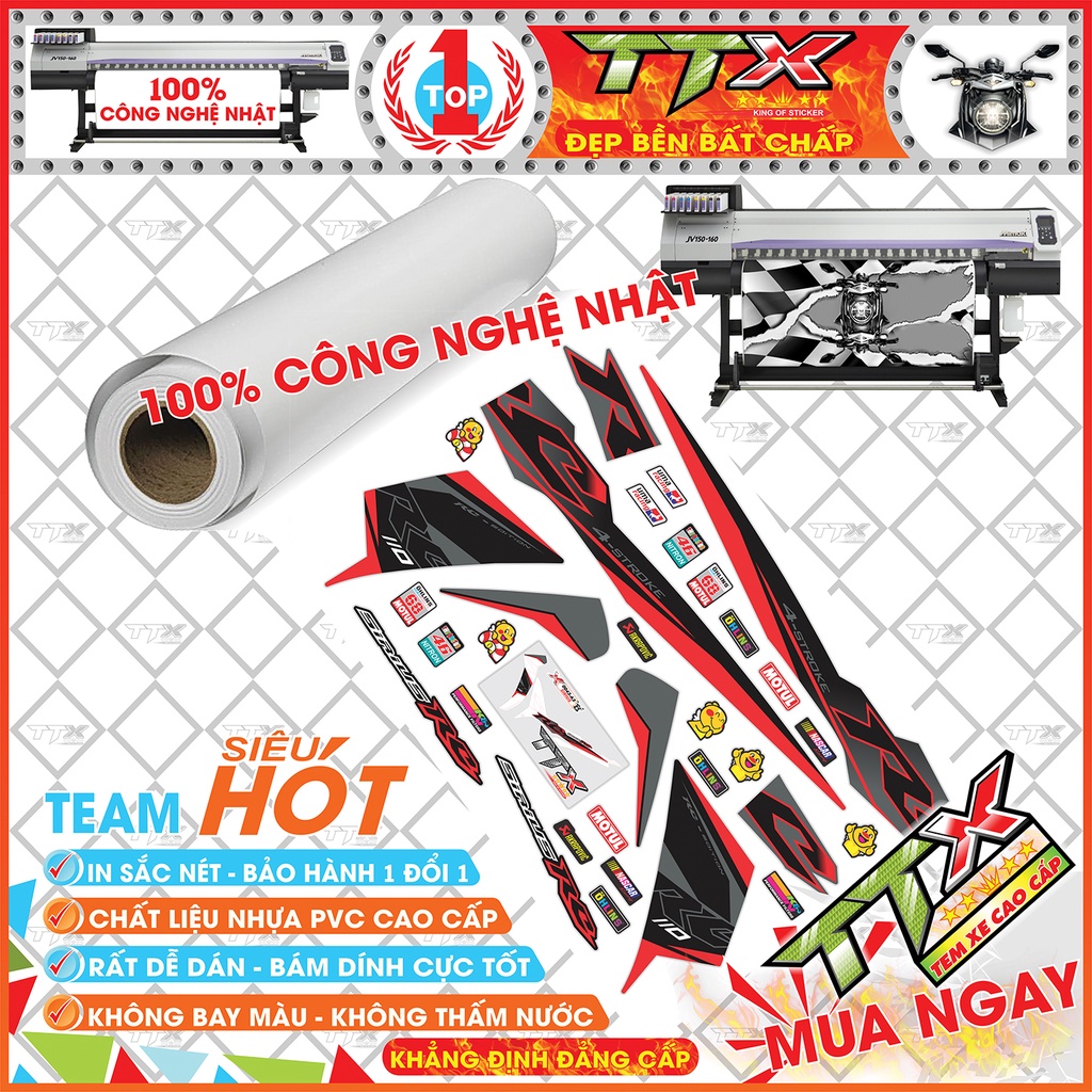 Tem Dán Xe Sirius 110 RC Chỉ Đỏ nền Đen - Tem Rời Sirius RC Đen Đỏ Siêu Đẹp - Mẫu Tem Xe Sirius Đỏ Đen