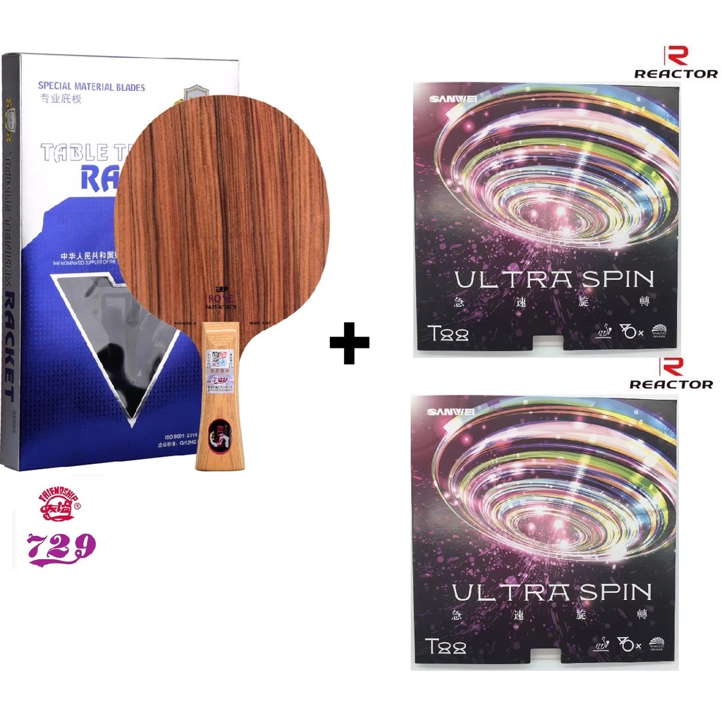 Combo vợt bóng bàn gồm cốt vợt 729 ROSE 5 và hai mặt vợt SANWEI T88 ULTRA SPIN