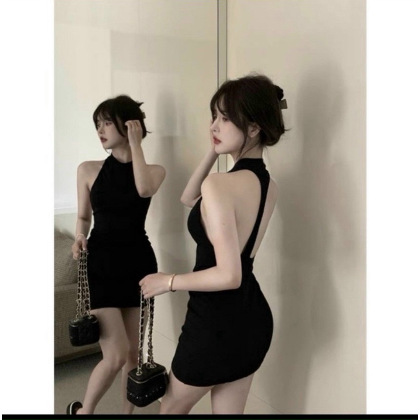 Đầm body gân cổ tròn hở lưng dáng yếm sexy mini hot MS40