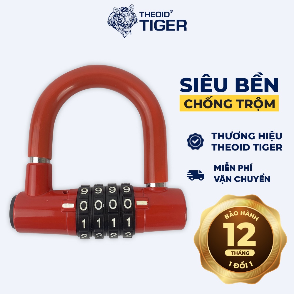 Ổ Khoá Chữ U Chống Trộm Mini Theoid Tiger mật khẩu 4 số dùng để khoá cửa hoặc xe máy xe đạp chống cắt - Hàng Chính Hãng