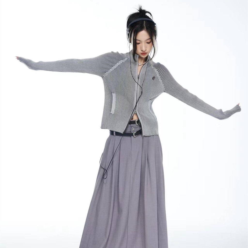 Áo Khoác Len Cardigan Hai Màu Dáng Ôm Thêu Họa Tiết Sọc Hai Màu Có Khóa Kéo Chất Lượng Cao Phong Cách Retro Mỹ Hàng Mới Dành Cho Bạn Nữ