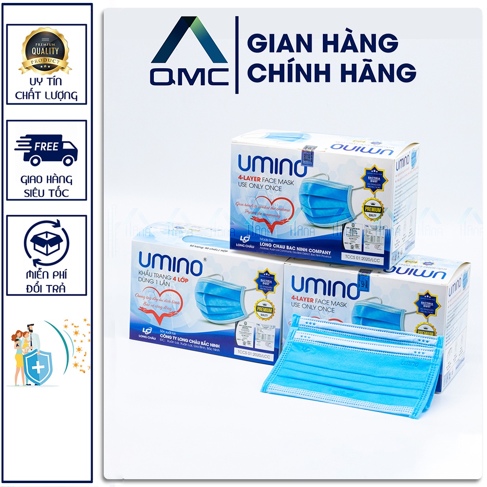 &lt;Sỉ= lẻ&gt; Khẩu trang y tế 4 lớp Umino màu xanh , hàng kháng khuẩn , hộp 50 cái #QMC