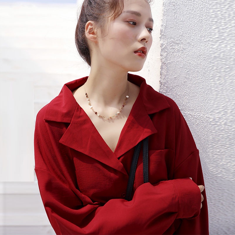 Áo sơ mi nữ màu đỏ cổ chữ V voan giản dị dài tay mùa xuân và mùa thu mới lỏng