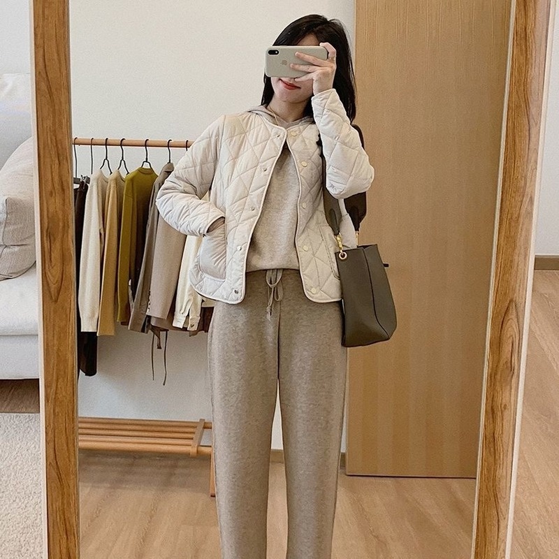 Áo khoác cotton không cổ dáng rộng phong cách mùa đông nữ tính