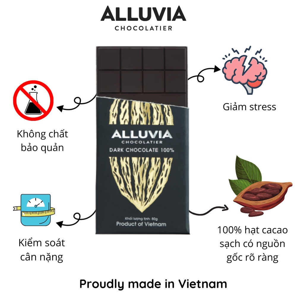 Socola đen nguyên chất không đường đắng đậm Alluvia 100% thanh nhỏ 30 gram Dark chocolate 100% sugar free