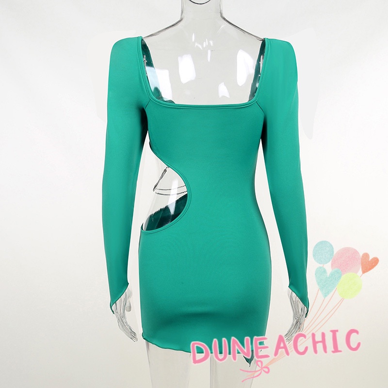 DUNEA Đầm Dài Tay Cổ Vuông Phối Xếp Li Xinh Xắn Dành Cho Nữ