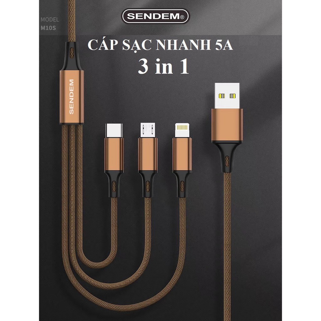 Cáp sạc 3in1 SENDEM M10S bọc dù cao cấp hỗ trợ sạc nhanh 5A chân cắm: MicroUSB, Lightning, TypeC - Hàng chính hãng