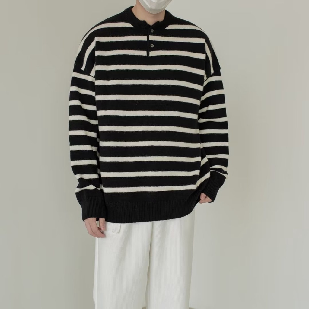 Áo Dệt Kim Kẻ Sọc Thời Trang Trẻ Trung Cho Nam fashion áo thun nam có cổ áo thun nam tay dài from rộng simple áo phông rộng Sọc Hàn Quốc áo kiểu nam