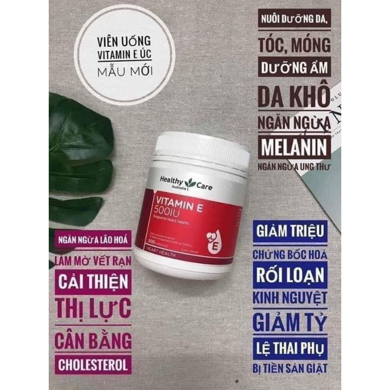 [Cam kết chuẩn Auth] Vitamin E 500UI HealthyCare của Úc - Điều hòa nội tiết, Đẹp da móng tóc, lọ 200 viên mẫu mới