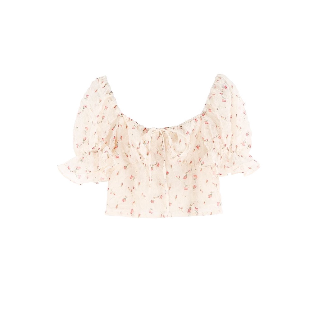 Áo Chiffon Cổ Vuông Tay Phồng In Họa Tiết Hoa Phong Cách Pháp Thời Trang Mùa Hè Cho Nữ