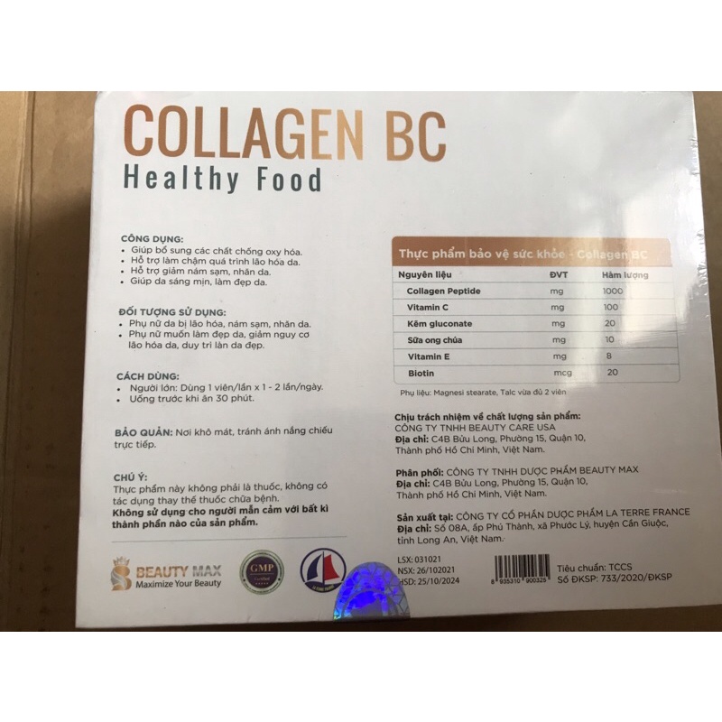 Collagen bc healthy food (collagen peptide nhập khẩu từ Ý Italy, vitamin c, kẽm gluconate,sữa ong chúa, vitamin E,biotin