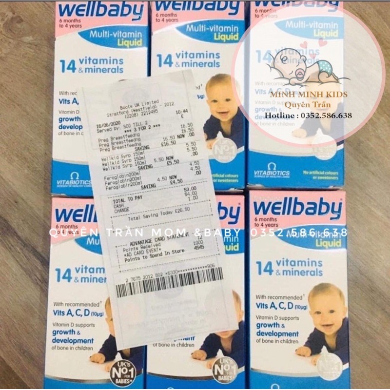 [Đủ bill, chuẩn air]Vitamin tổng hợp Wellbaby Multi-Vitamin Liquid 150ml cho trẻ 6m-4y Wellbaby UK 14vitamin