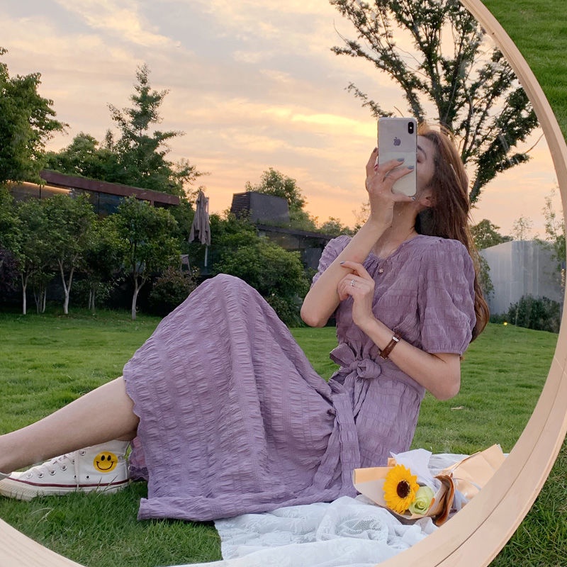 Đầm Ôm Eo Buộc Dây Màu Tím Phong Cách Pháp Thời Trang Mùa Hè Ngọt Ngào Cho Nữ