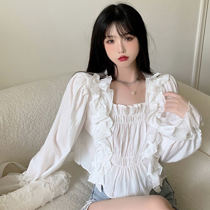 Áo Sơ Mi Chiffon Tay Dài Cổ Vuông Màu Sắc Ngọt Ngào Phong Cách Hàn Quốc Cho Nữ