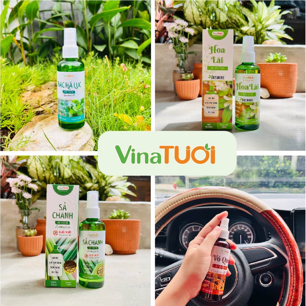 Chai Xịt Thơm Phòng Tinh Dầu Quế, Sả Chanh, Hoa Lài, Bạc Hà Lục 100ml VINA TƯƠI Bình Xịt Khử Mùi