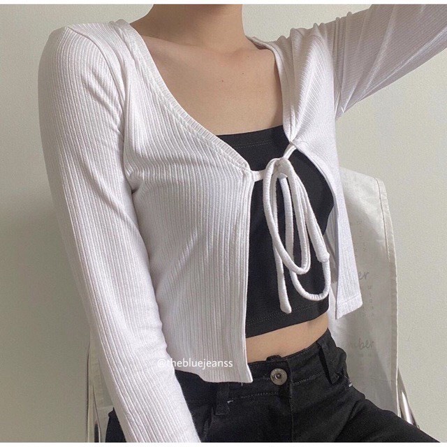 Áo cardigan tay dài cột dây thắt nơ khoác ngoài kèm ảnh thật