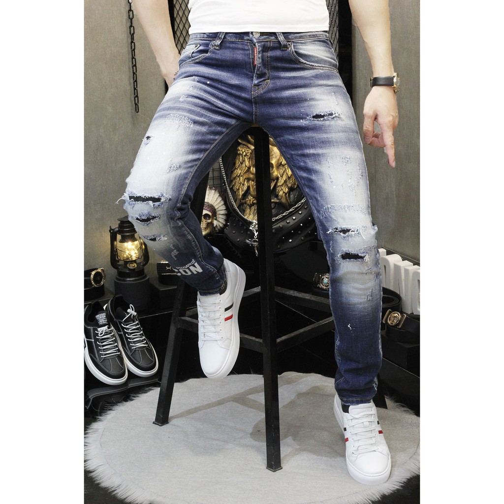 Quần jean nam rách gối màu xanh bạc ✅FREESHIP✅ Quần bò nam SUPER dáng ôm SLIMFIT skinny co giãn cao cấp - 6889