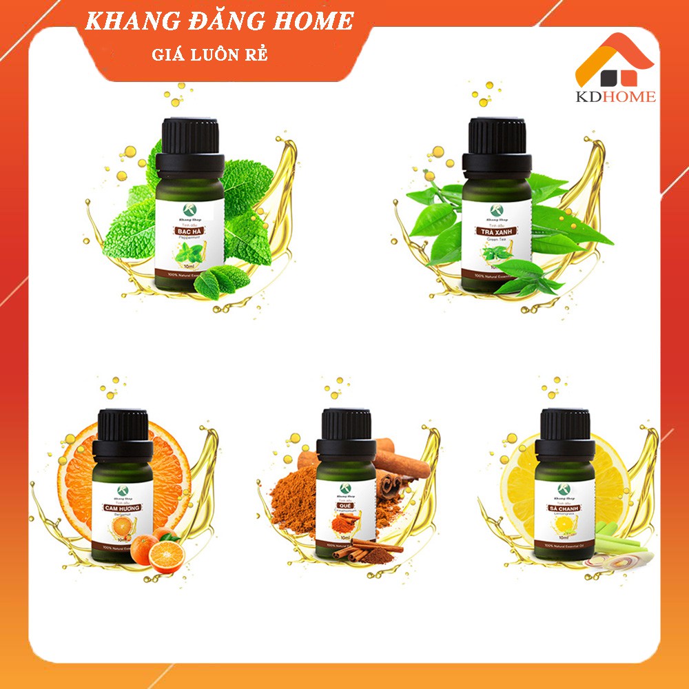 Combo 5 lọ tinh dầu xông phòng 10ml các mùi hương (Sả chanh, cam ngọt, bạc hà, trà xanh, quế)